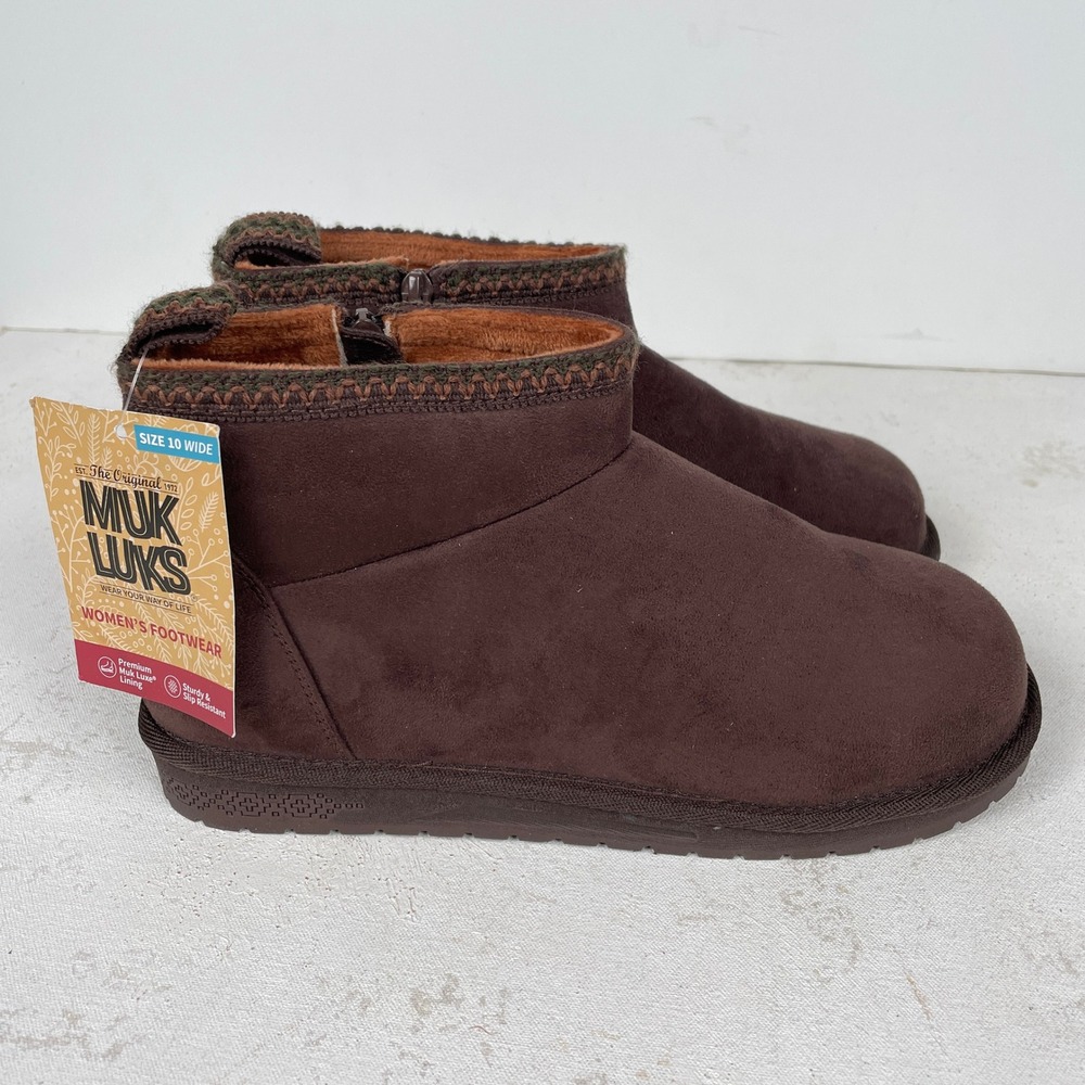 Muk Luks Ankle Boots Womens 10W Chocolate 1000296-200 Faux Suede Fur Lined Zip